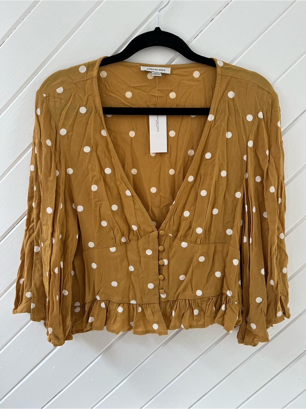 American Eagle Outfitters Mustard Polka Dot V-Neck Top